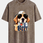 Beer Dog Print Washed Distressed Drop Shoulder T-Shirt