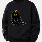 Christmas Lights Black Cat Print Relax Fit Sweatshirt