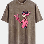 Pink Panther With V Sign Print Washed Distressed Drop Shoulder T-Shirt