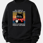 Black Cat Drinking Coffee Print Relax Fit Sweatshirt