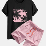 Regular Fit Palm Trees Silhouette Print Cotton T-Shirt & Swim Shorts
