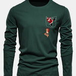 Long Sleeve Pocket Santa Print Cotton T-Shirt