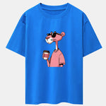 Pink Panther Drinking Coffee Print Drop Shoulder Oversize T-Shirt