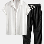 Muscle Fit Diamond Texture Cuban Shirt & Straight Leg Linen Pants