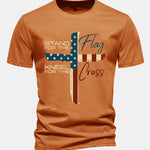Regular Fit Retro American Flag Cross Print Cotton T-Shirt