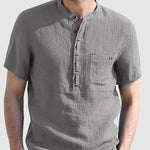 Men's cotton-linen Henley collar solid color short-sleeved shirt