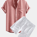 Short Sleeve Stand Collar Shirt & Linen Drawstring Shorts