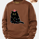 Christmas Lights Black Cat Print Teddy Fleece Lined Sweatshirt