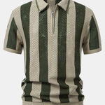 Striped Eyelet Knit Zip Up Polo Shirt