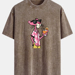 Vacation Pink Panther Print Washed Distressed Drop Shoulder T-Shirt