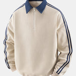 Stripe Waffle Zipper Polo Neck Sweatshirt
