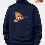 Zipper Bear Print Teddy Fleece Lined Turtle Neck Sweatshirt
