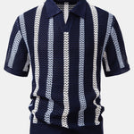Striped Crochet V Neck Polo
