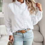 Zeagoo Ruffle Trim Button Front Shirt Regular Fit Long Sleeve Work Blouse