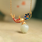 Buddha Stones White Jade Koi Fish Lotus Copper Protection Necklace Pendant