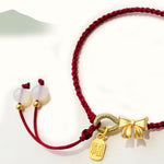 Buddha Stones Handmade Peach Blossom Rosette Bow Knot Fu Character Charm Luck Fortune Red Rope Bracelet