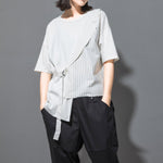 Fake Two-piece Straight Lace-up Striped Patchwork T-shirt