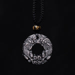 Buddha Stones Natural Silver Sheen Obsidian Double PiXiu Copper Coin Peace Buckle Protection Necklace Pendant