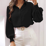 Zeagoo V Neck Crinkle Crepe Lantern Sleeves Shirt Top Button-Down Loose Blouse