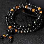 Buddha Stones Natural Black Obsidian Rainbow Obsidian Gourd Blessing Bracelet Mala