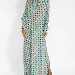 Zeagoo Women's Boho Geometric Figure V Neck Long Sleeve Split-Side Long Dresses