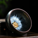 Buddha Stones 24K Gold Inlaid Sunflower Chinese Jianzhan Glaze Kiln Change Ceramic Teacup Tenmoku Kung Fu Tea Cup (Extra 35% Off | USE CODE: FS35)