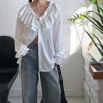 Padded Shoulder Ruffle Collar Loose Drape Shirt