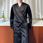 Silky Shiny Satin Tie Long-sleeved Shirt Casual Trousers Two-piece Suit
