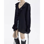 Large Ruffled V-neck And Tie-up Loose Shirt