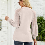 Zeagoo V Neck Tops Solid Color Blouse Long Sleeve Pullover Lace Patchwork Shirt