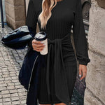 Zeagoo Women's Casual Long Lantern Sleeve Bodycon Dress Tie Waist Rib Knitted Sweater Dresses