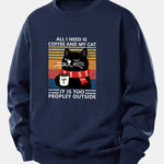 Black Cat Drinking Coffee Print Relax Fit Sweatshirt