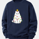 Christmas Lights White Cat Print Relax Fit Sweatshirt