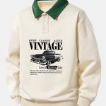 Relax Fit Vintage Car Print Contrast Polo Sweatshirt