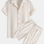 Waffle Button Up Shirt & Drawstring Knitted Waffle Shorts