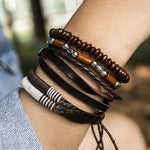Vintage multi-layered wooden bead braided bracelet 4Pcs /set