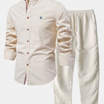 Long Sleeve Linen Look Stand Collar Shirt & Straight Leg Linen Pants