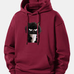 Black Cat Drinking Coffee Print Relax Fit Hoodie