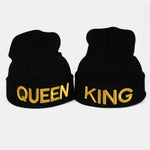 Unisex Queen And King Embroidery Knitted Hat Set