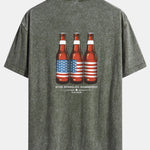USA Old Row Beer Print Washed Distressed Drop Shoulder T-Shirt