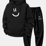 Smiley Face Print Drawstring Hoodie & Smiley Face Print Jogger Pants