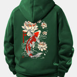 Koi Fish Lotus Print Drawstring Hoodie