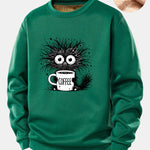 Black Cat Drinking Coffee Print Teddy Fleece Lined Sweatshirt