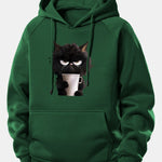 Black Cat Drinking Coffee Print Drawstring Hoodie