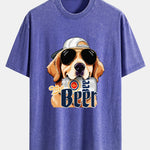 Beer Dog Print Washed Distressed Drop Shoulder T-Shirt