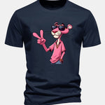 Regular Fit Pink Panther With V Sign Print Cotton T-Shirt