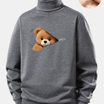 Zipper Bear Print Teddy Fleece Lined Turtle Neck Sweatshirt