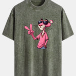 Pink Panther With V Sign Print Washed Distressed Drop Shoulder T-Shirt