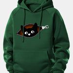 Zipper Black Cat Print Drawstring Hoodie