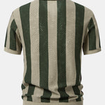 Striped Eyelet Knit Zip Up Polo Shirt & Straight Leg Linen Pants